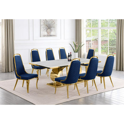 9pc Large(87") marble top dining set with gold base and 8 Navy blue side chairs