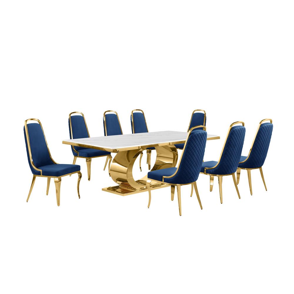 9pc Large(87") marble top dining set with gold base and 8 Navy blue side chairs