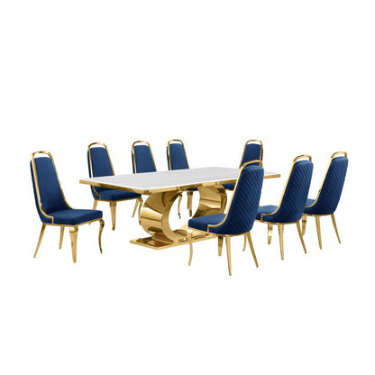 9pc Large(87") marble top dining set with gold base and 8 Navy blue side chairs