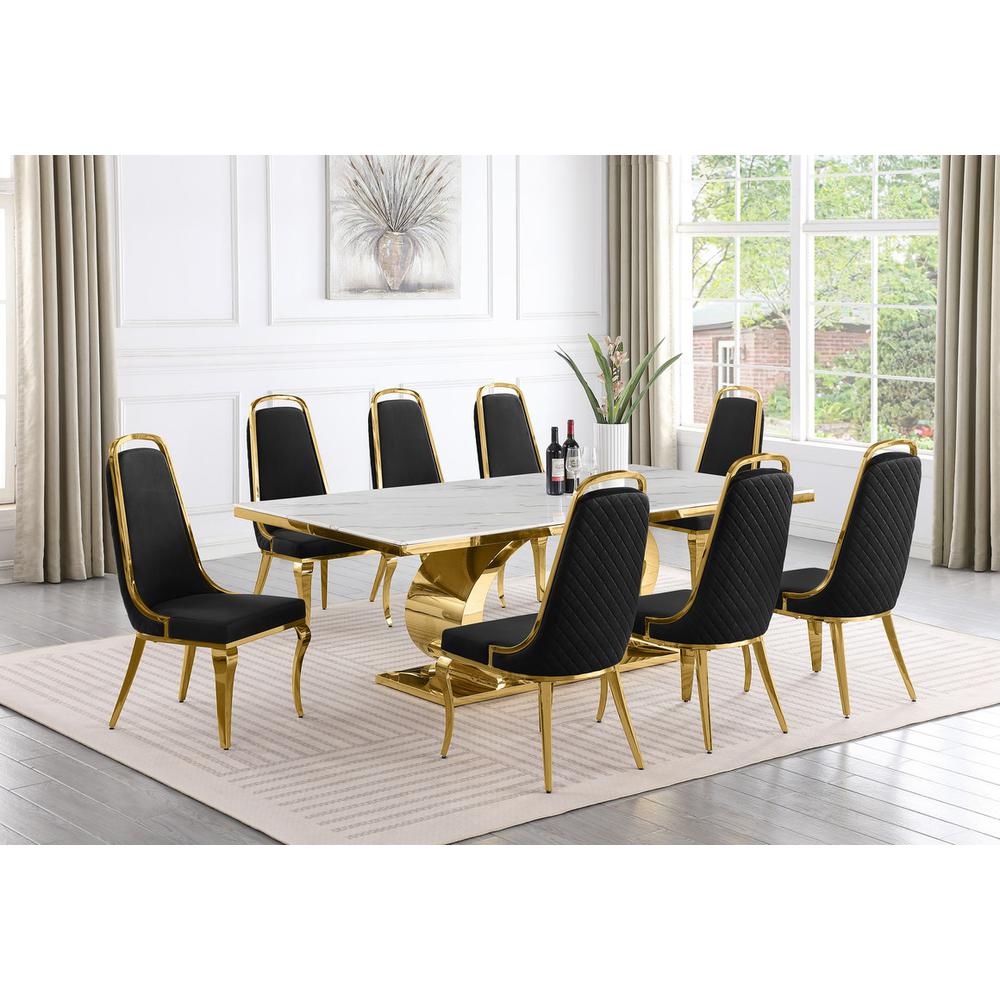 9pc Large(87") marble top dining set with gold base and 8 Black side chairs
