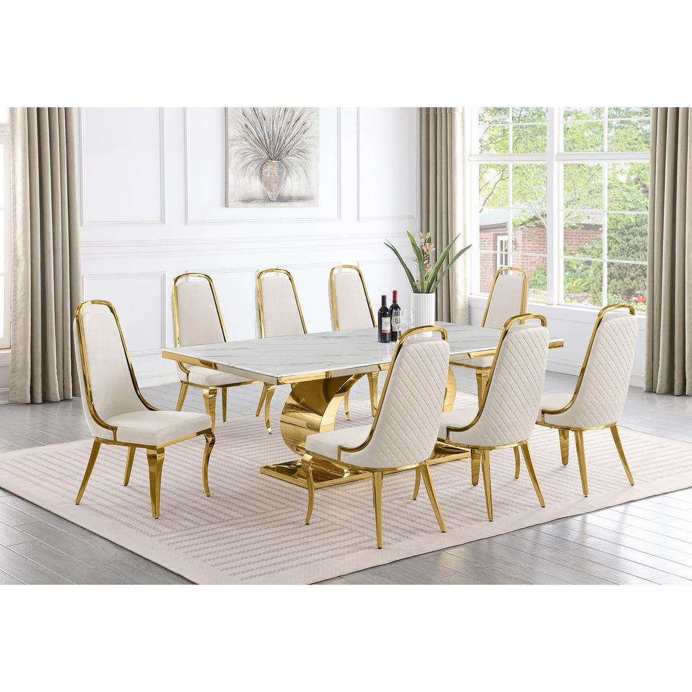 9pc Large(87") marble top dining set with gold base and 8 Cream side chairs