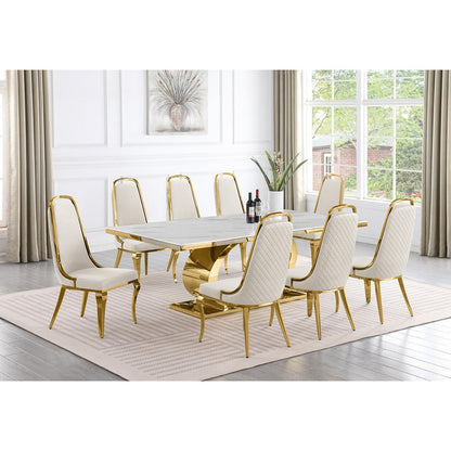 9pc Large(87") marble top dining set with gold base and 8 Cream side chairs