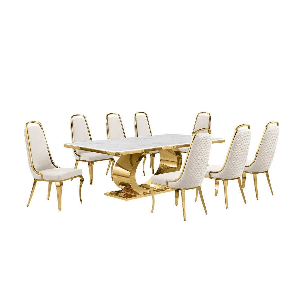 9pc Large(87") marble top dining set with gold base and 8 Cream side chairs