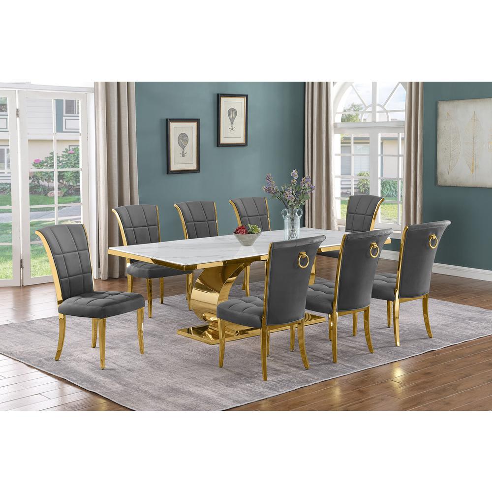 9pc Large(87") marble top dining set with gold base and 8 Dark grey side chairs