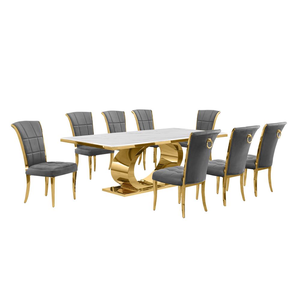 9pc Large(87") marble top dining set with gold base and 8 Dark grey side chairs