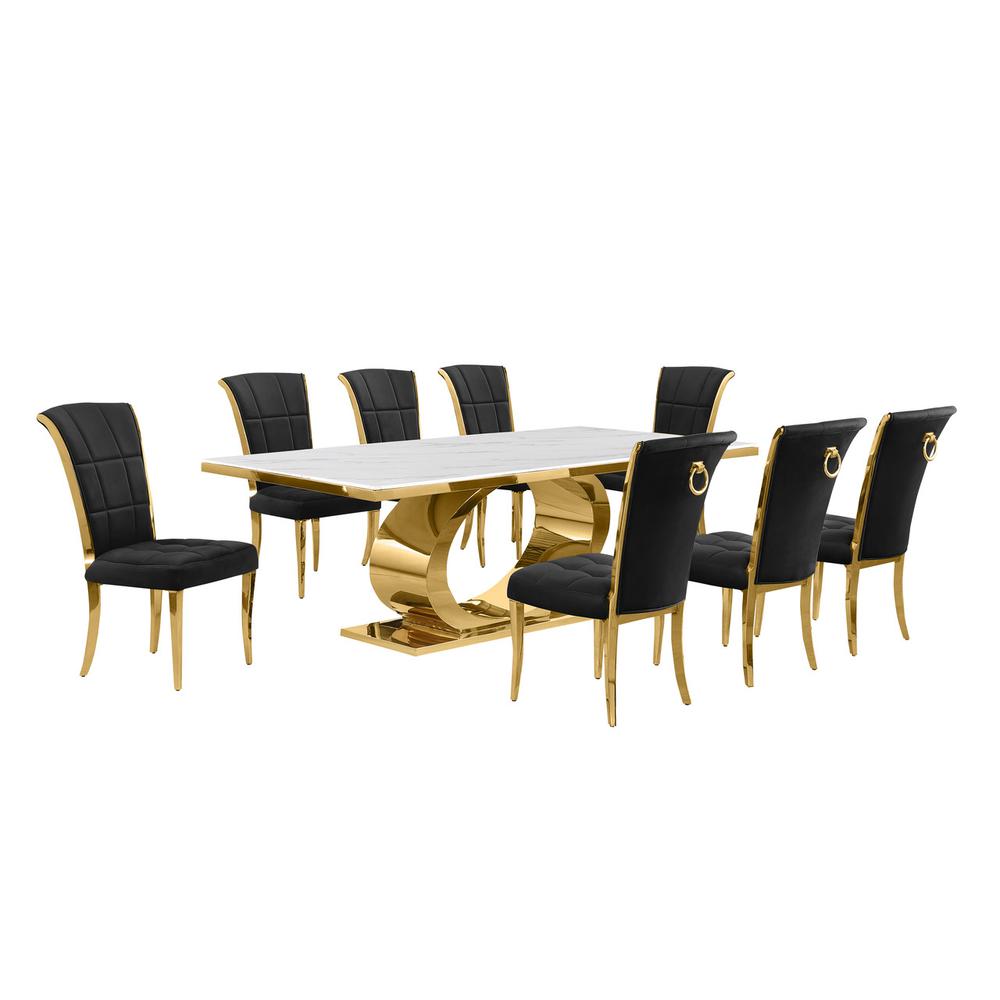 9pc Large(87") marble top dining set with gold base and 8 Black side chairs
