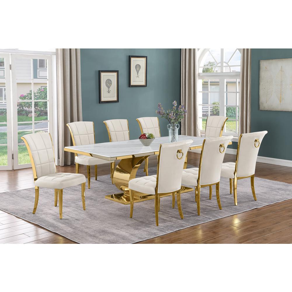 9pc Large(87") marble top dining set with gold base and 8 Cream side chairs
