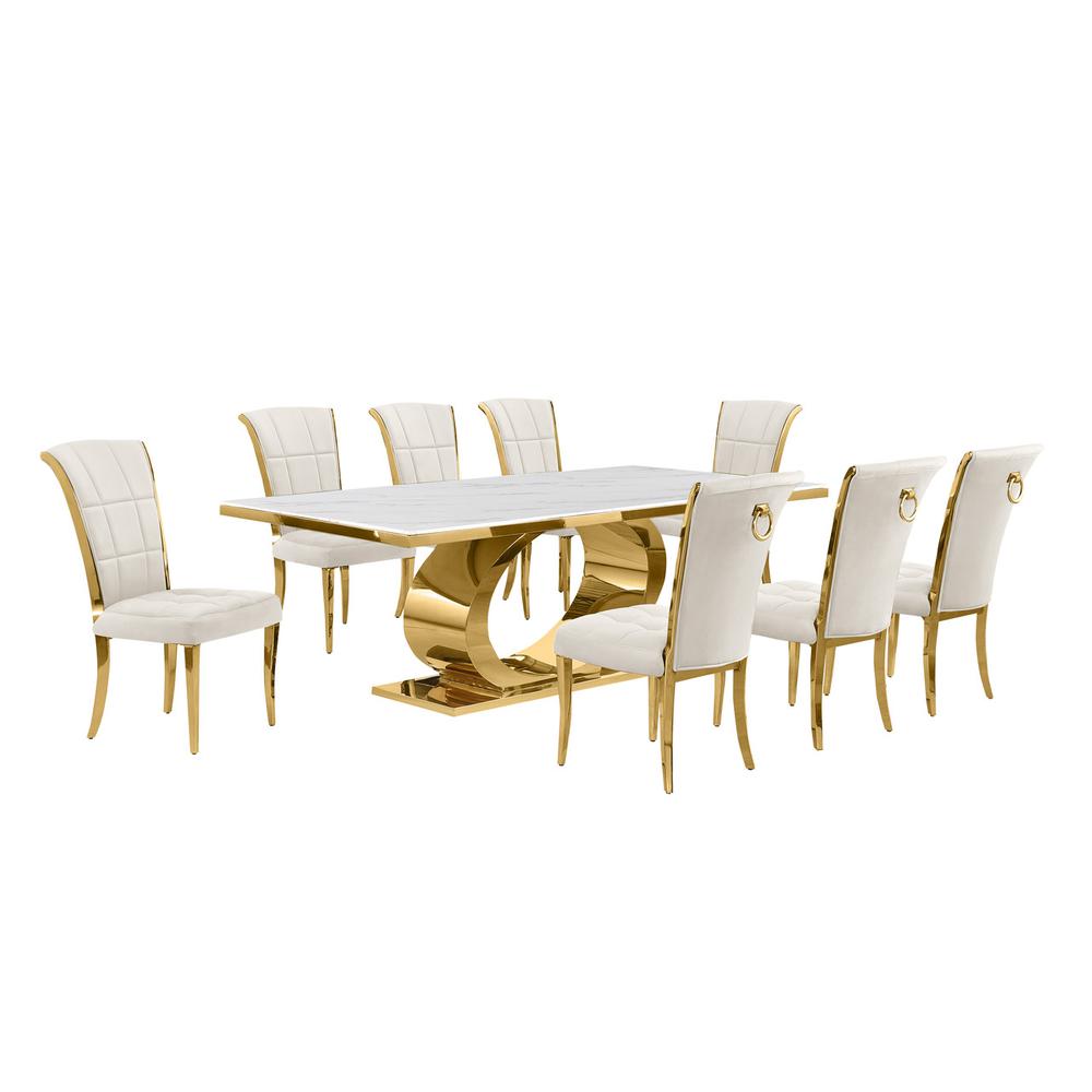 9pc Large(87") marble top dining set with gold base and 8 Cream side chairs