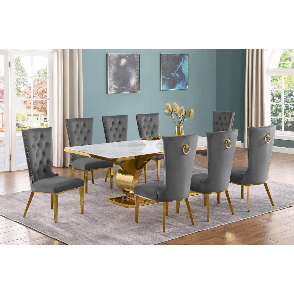 9pc Large(87") marble top dining set with gold base and 8 Dark grey side chairs
