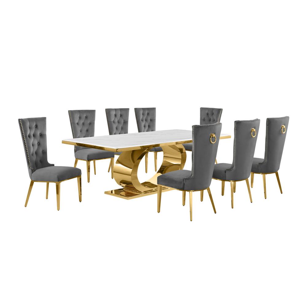 9pc Large(87") marble top dining set with gold base and 8 Dark grey side chairs