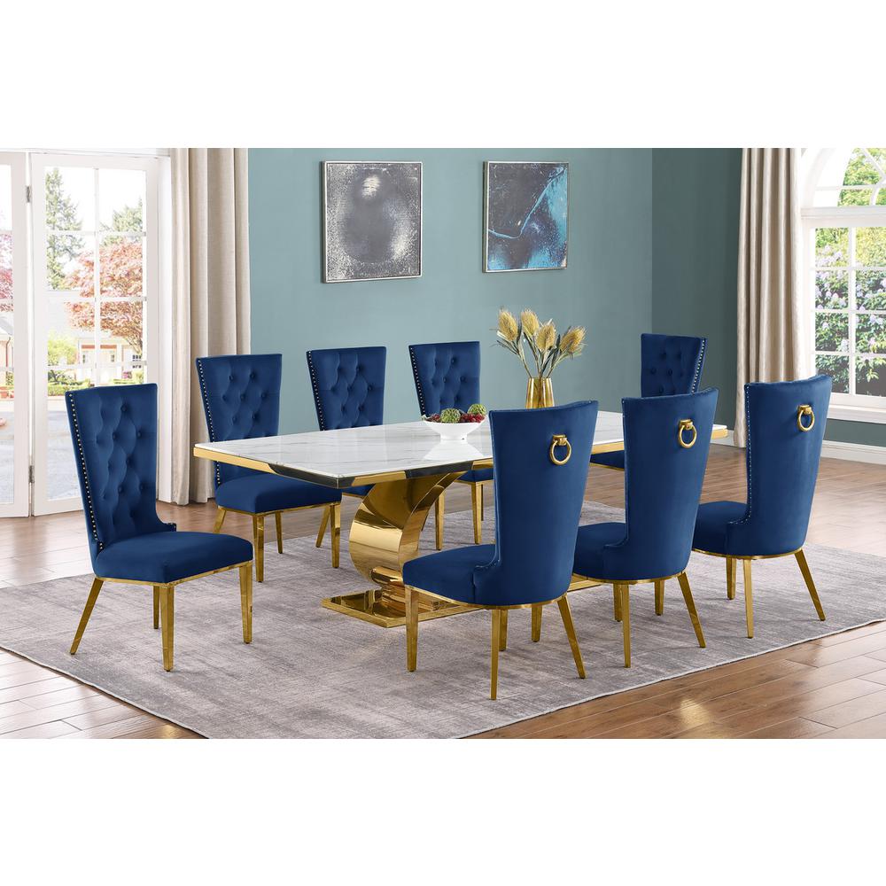 9pc Large(87") marble top dining set with gold base and 8 Navy blue side chairs