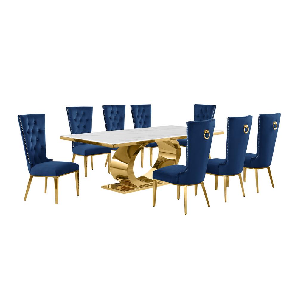 9pc Large(87") marble top dining set with gold base and 8 Navy blue side chairs