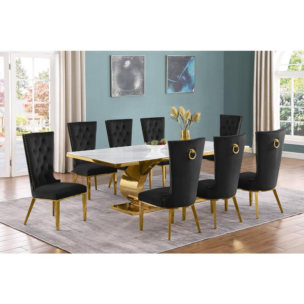 9pc Large(87") marble top dining set with gold base and 8 Black side chairs