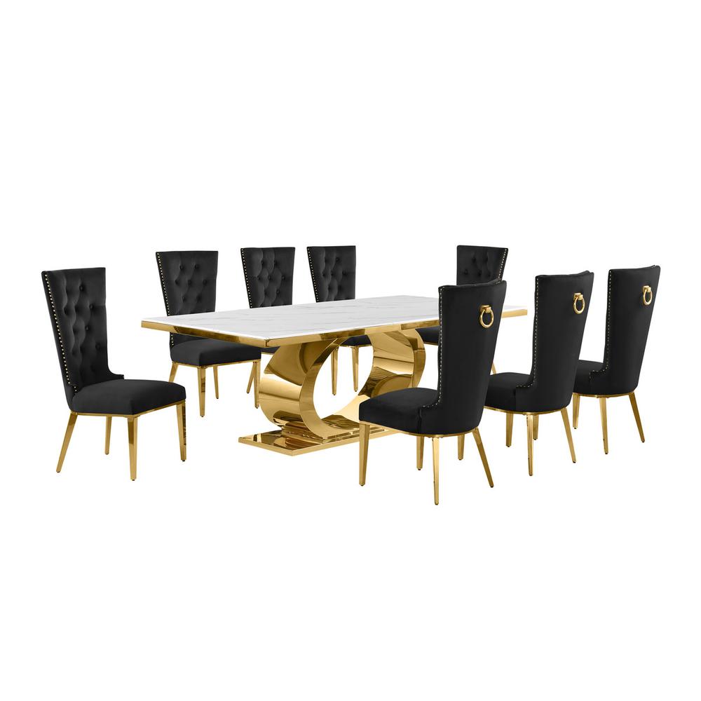 9pc Large(87") marble top dining set with gold base and 8 Black side chairs