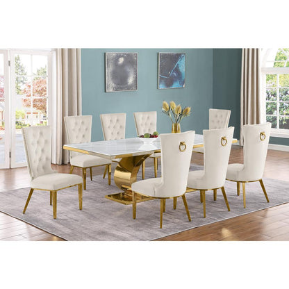 9pc Large(87") marble top dining set with gold base and 8 Cream side chairs