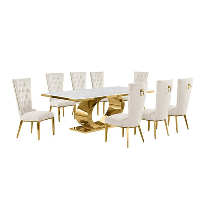 9pc Large(87") marble top dining set with gold base and 8 Cream side chairs