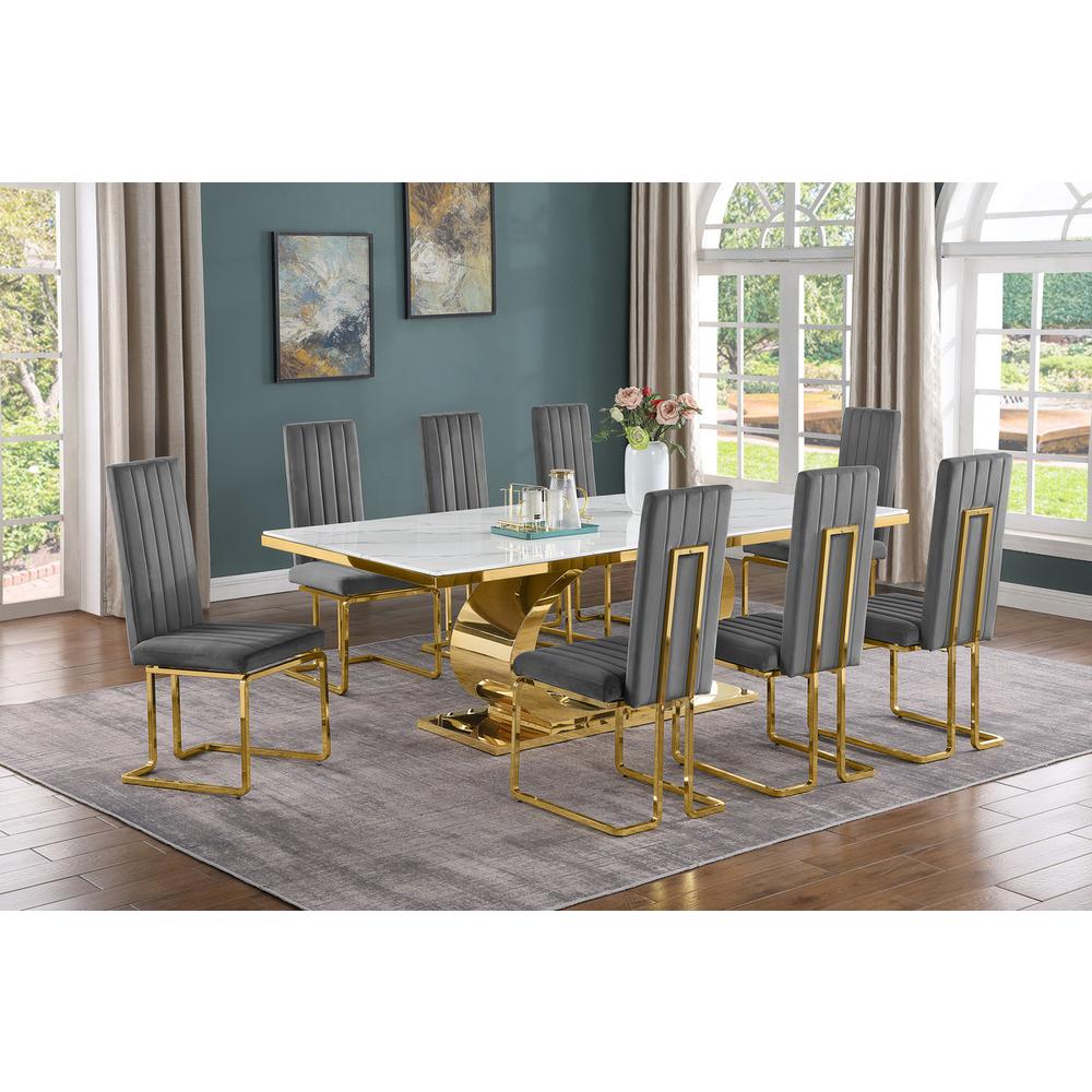 9pc Large(87") marble top dining set with gold base and 8 Dark side chairs