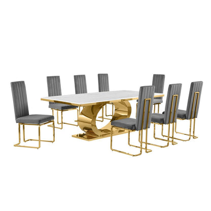 9pc Large(87") marble top dining set with gold base and 8 Dark side chairs