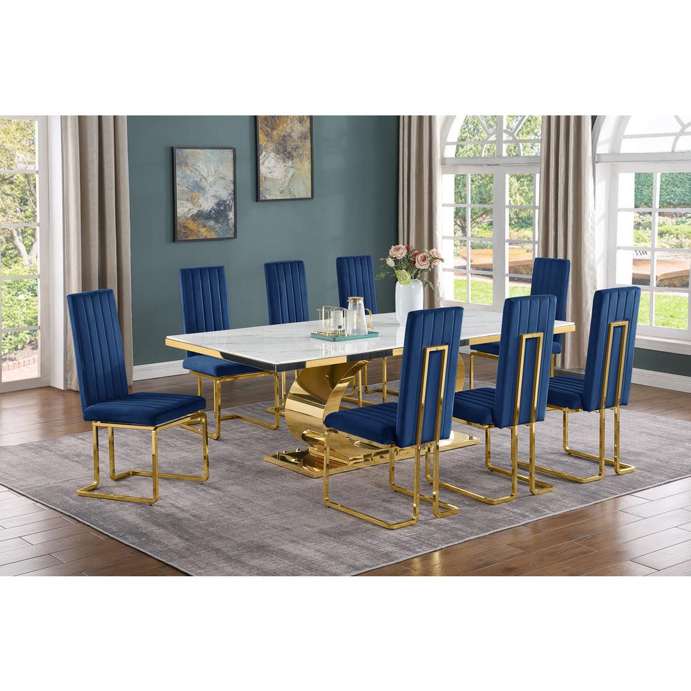 9pc Large(87") marble top dining set with gold base and 8 Navy blue side chairs