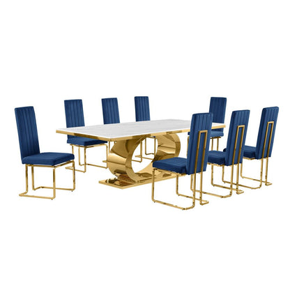 9pc Large(87") marble top dining set with gold base and 8 Navy blue side chairs