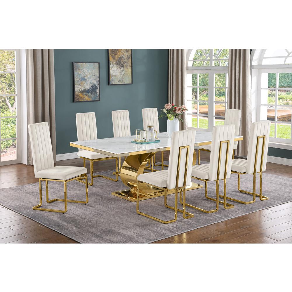 9pc Large(87") marble top dining set with gold base and 8 Cream side chairs