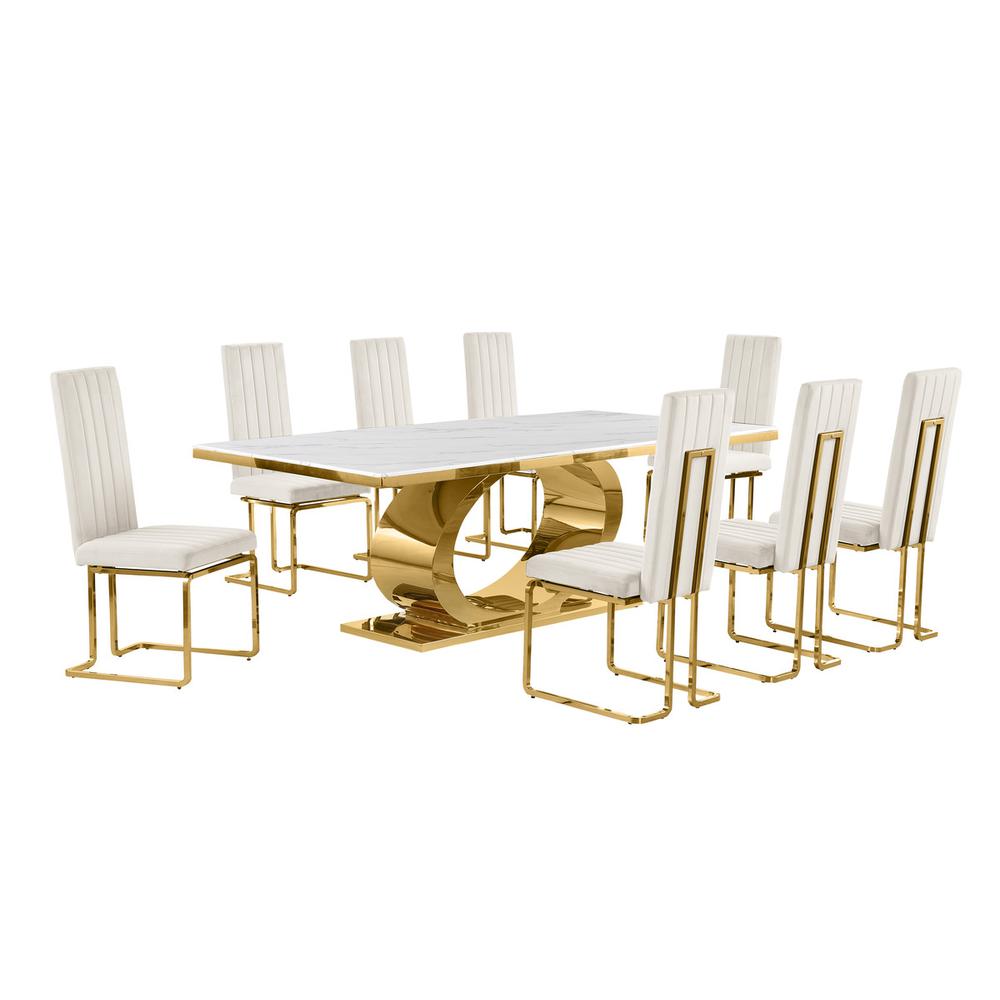 9pc Large(87") marble top dining set with gold base and 8 Cream side chairs
