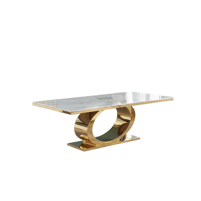 Large 87" Rectangular marble top dining table with a gold color base