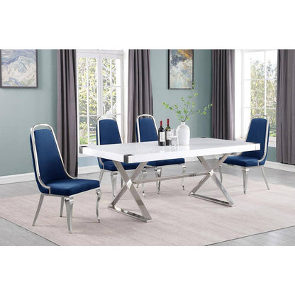 5pc Small(78") white wood top dining set with silver base and 4 side chairs
