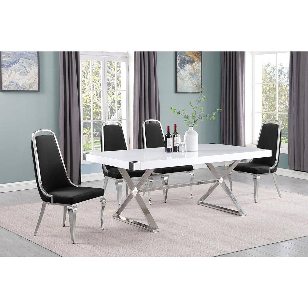 5pc Small(78") white wood top dining set with silver base and 4 side chairs