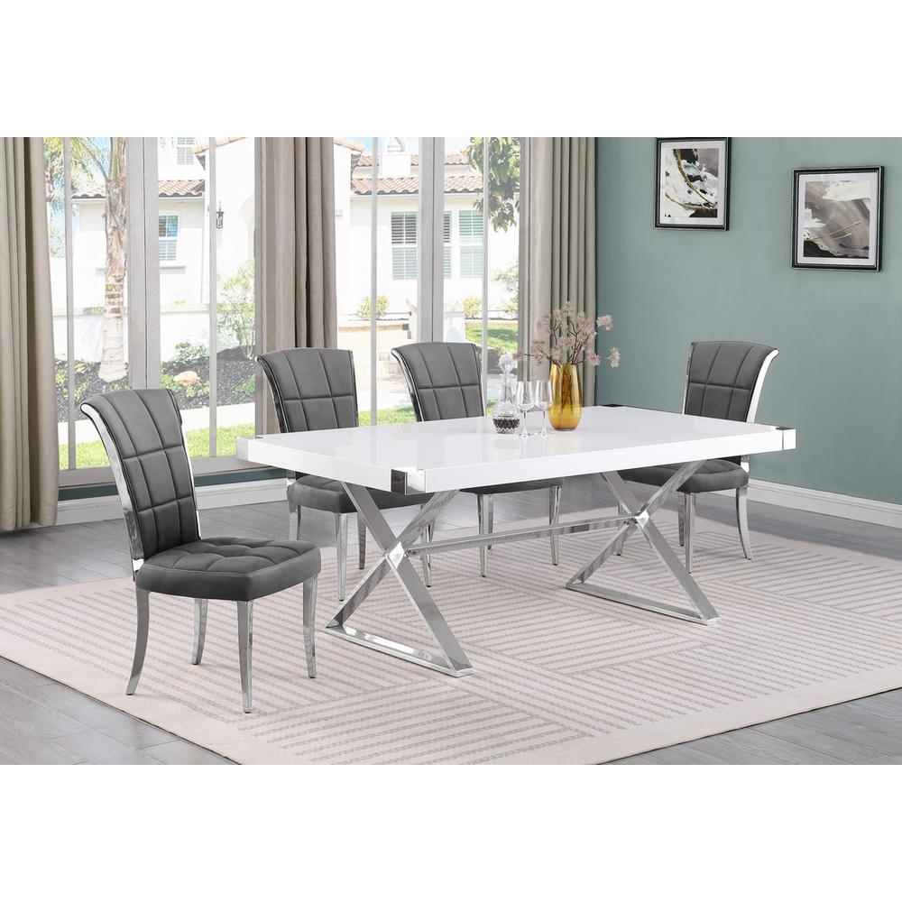 5pc Small(78") white wood top dining set with silver base and 4 chairs
