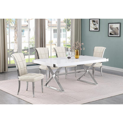 5pc Small(78") white wood top dining set with silver base and 4 chairs