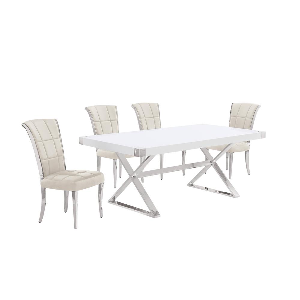 5pc Small(78") white wood top dining set with silver base and 4 chairs