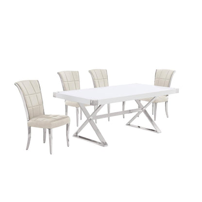 5pc Small(78") white wood top dining set with silver base and 4 chairs