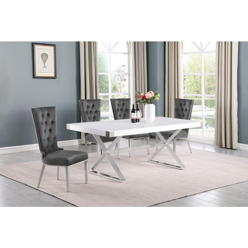 5pc Small(78") white wood top dining set with silver base and 4 chairs