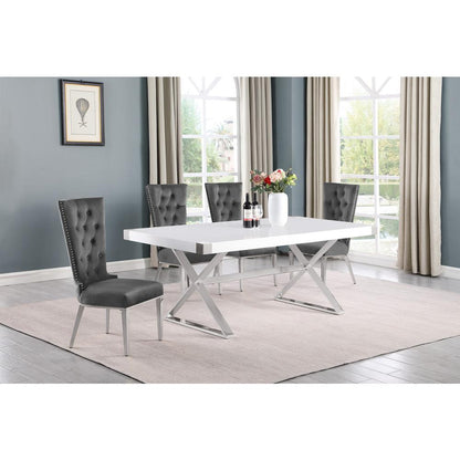 5pc Small(78") white wood top dining set with silver base and 4 chairs