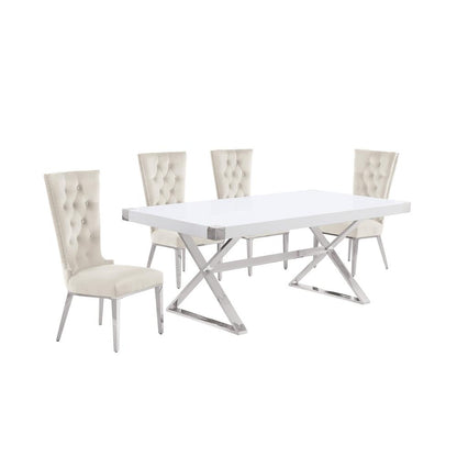 5pc Small(78") white wood top dining set with silver base and 4 chairs