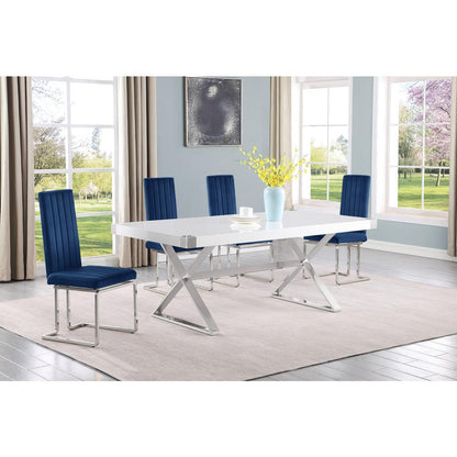 5pc Small(78") white wood top dining set with silver base and 4 chairs