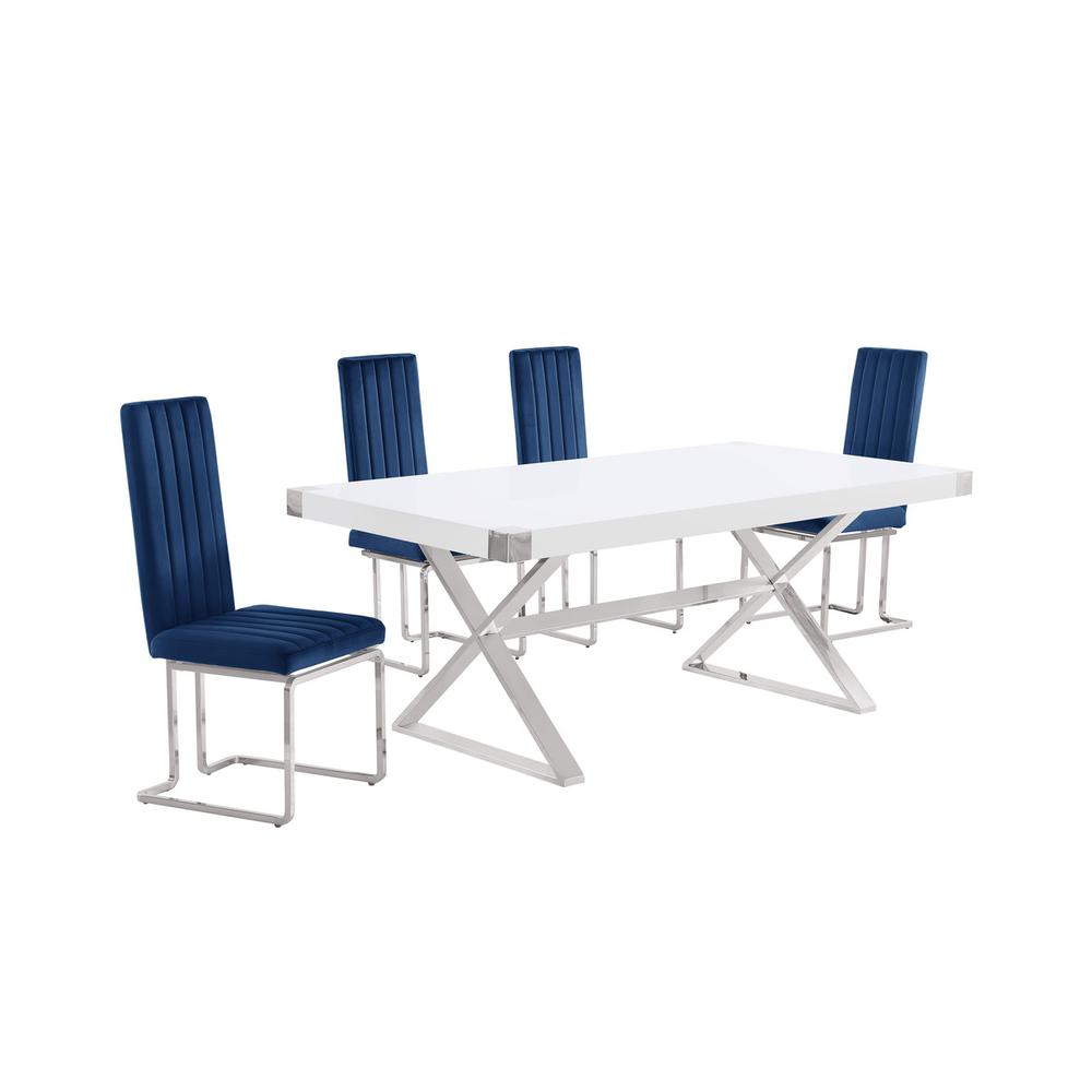 5pc Small(78") white wood top dining set with silver base and 4 chairs