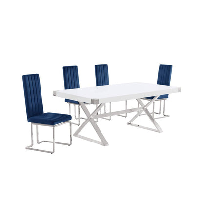 5pc Small(78") white wood top dining set with silver base and 4 chairs