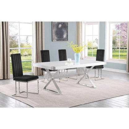 5pc Small(78") white wood top dining set with silver base and 4 chairs