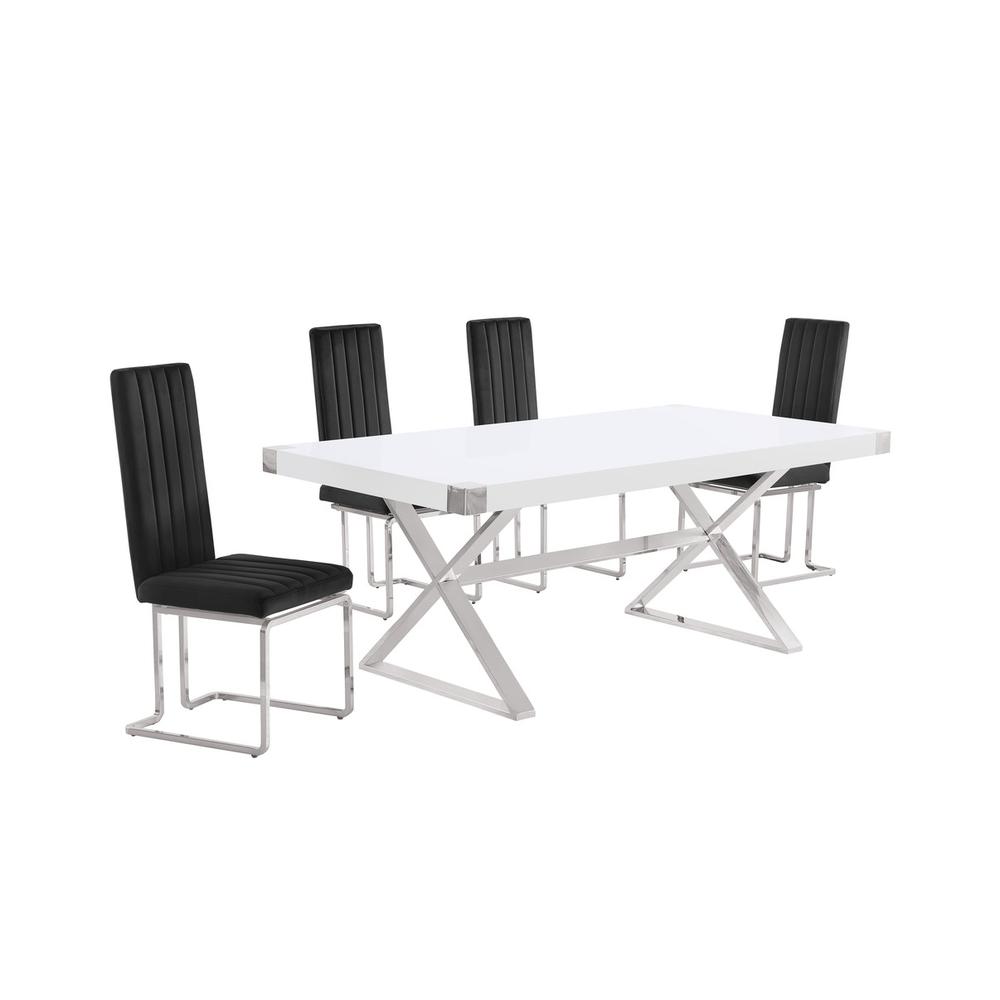 5pc Small(78") white wood top dining set with silver base and 4 chairs
