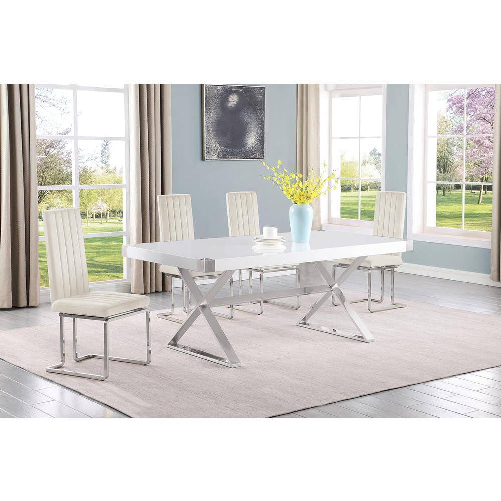 5pc Small(78") white wood top dining set with silver base and 4 chairs