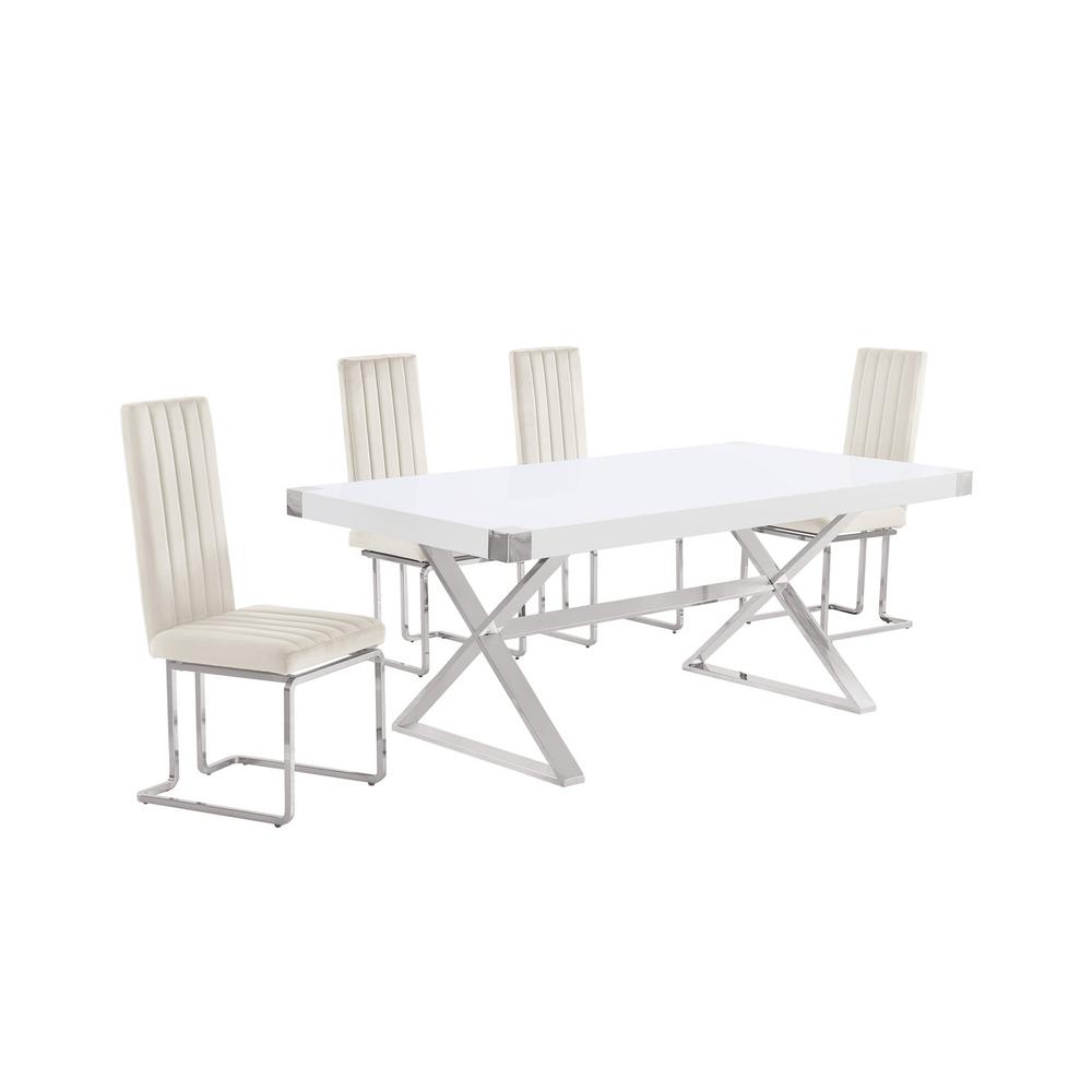 5pc Small(78") white wood top dining set with silver base and 4 chairs