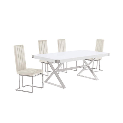 5pc Small(78") white wood top dining set with silver base and 4 chairs