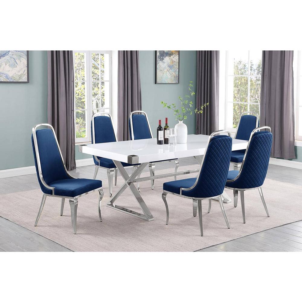 7pc Small(78") white wood top dining set with silver base and 6 Navy side chiars