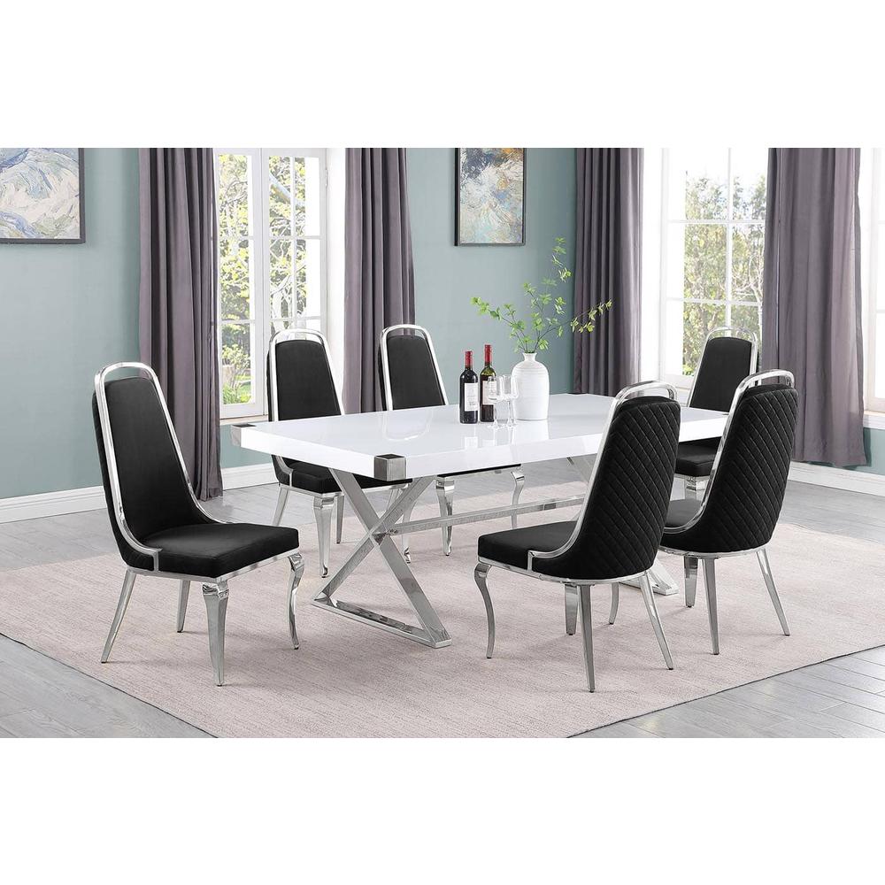 7pc Small(78") white wood top dining set with silver base and 6 side chairs