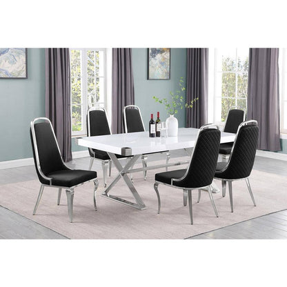 7pc Small(78") white wood top dining set with silver base and 6 side chairs