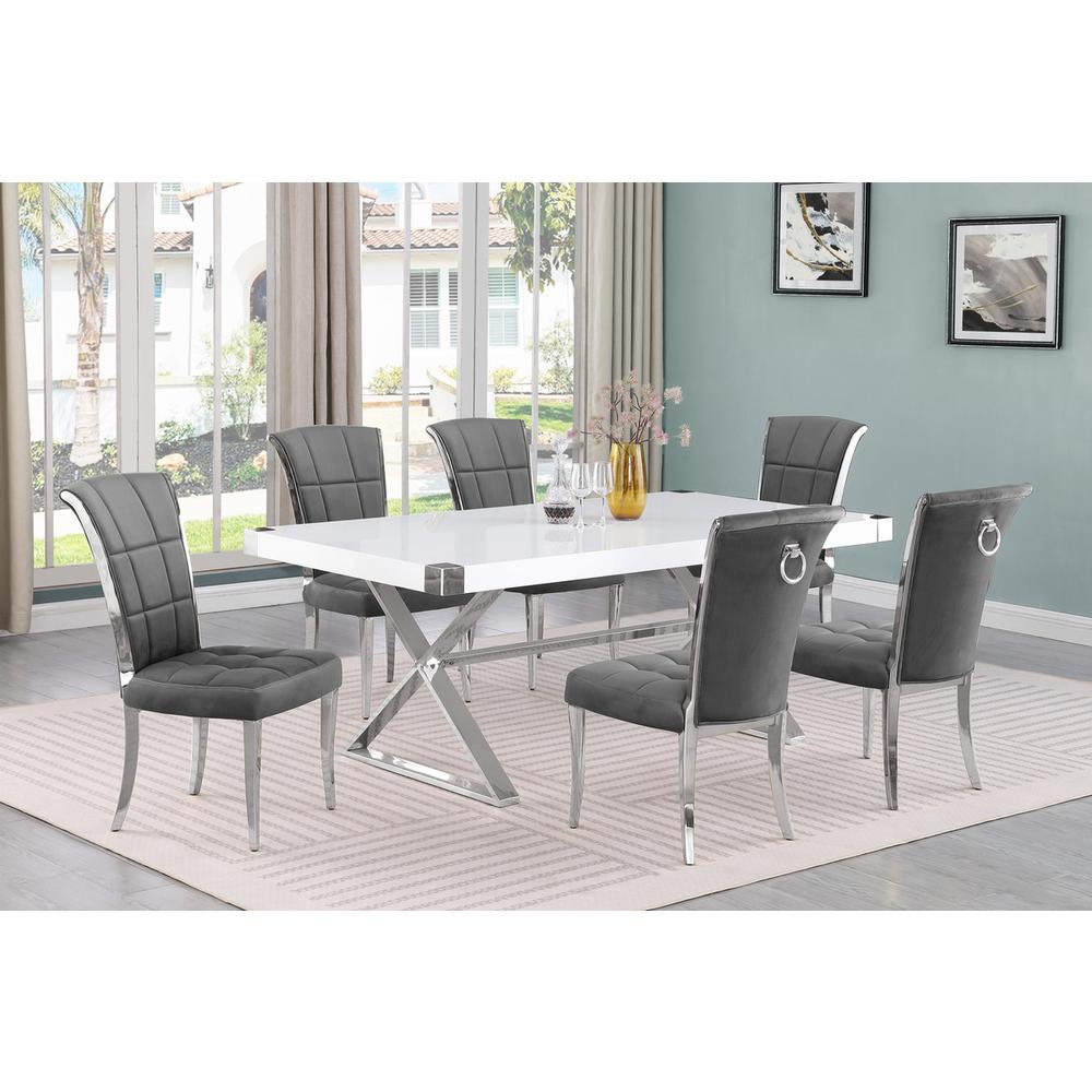7pc Small(78") white wood top dining set with silver base and 6 chairs