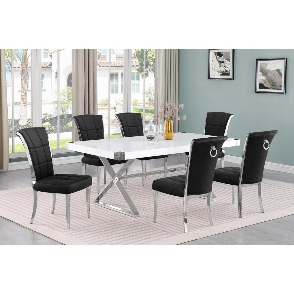 7pc Small(78") white wood top dining set with silver base and 6 chairs