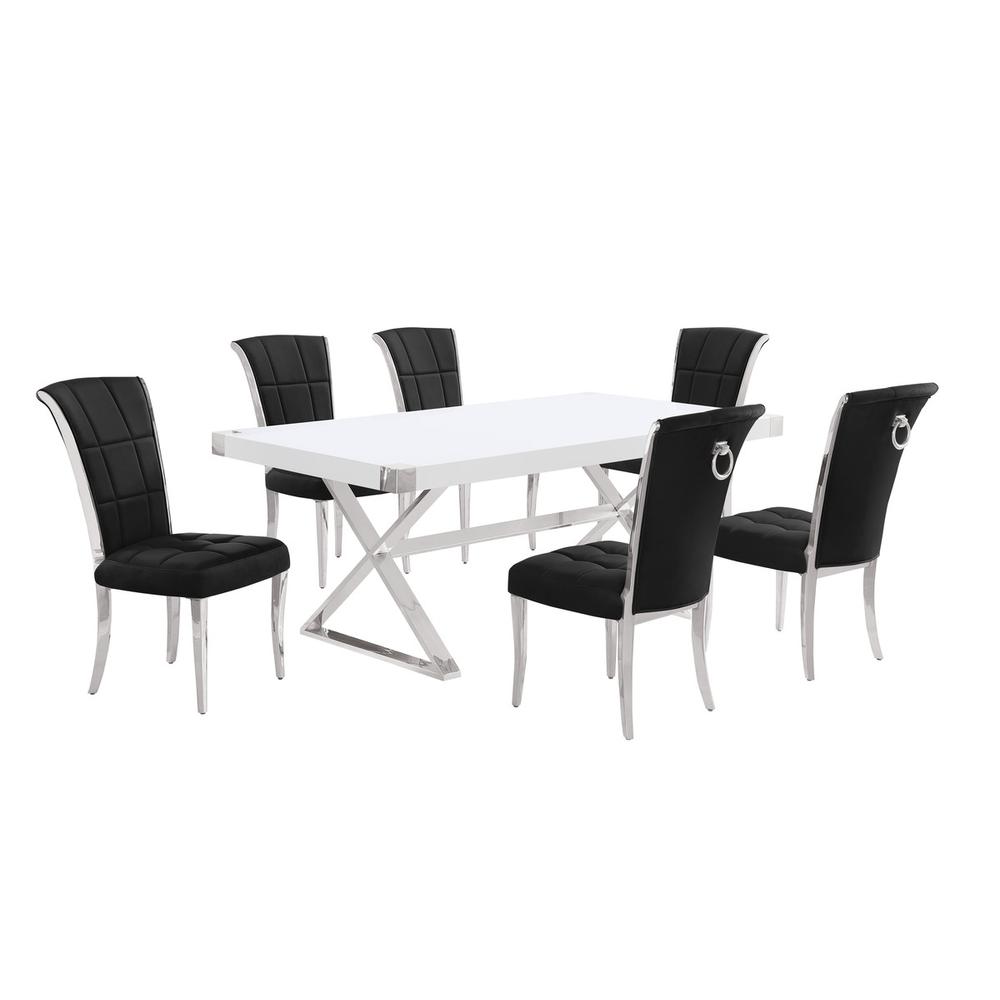 7pc Small(78") white wood top dining set with silver base and 6 chairs